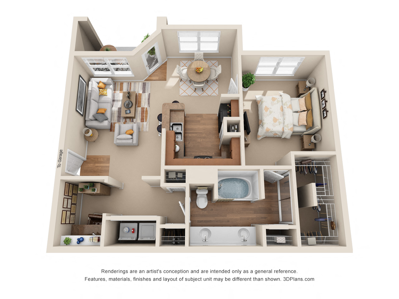 Floor plan for 1 bed, 1 bath, 897 sqft